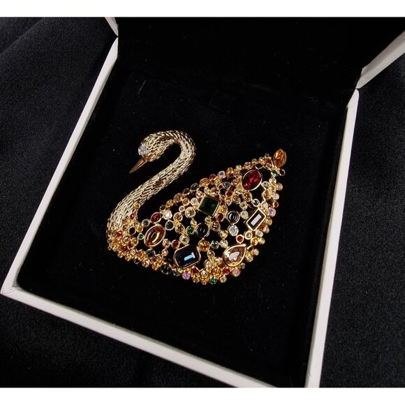 Vintage Swarovski Signed Swan Brooch Multicolor Crystal Rhinestone Gold Tone